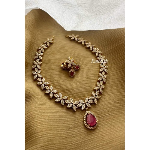 AD Leaf Tear Drop Neckpiece - Rani Pink