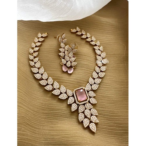 AD Double Leaf Neckpiece - Pastel Pink