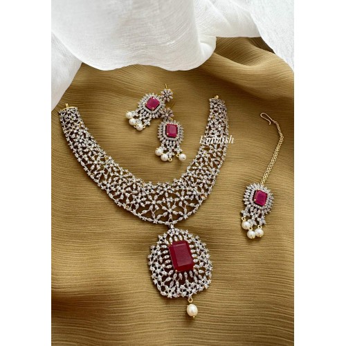 GJ Polish AD Cut work Neckpiece with Tikka Set - Pink