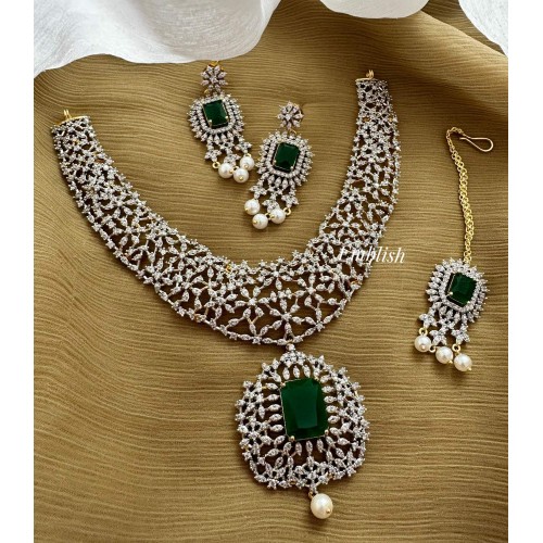 GJ Polish AD Cut work Neckpiece with Tikka Set - Green