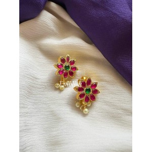 Kundan Jadau Flower Bugadi style Earrings - Red with Green