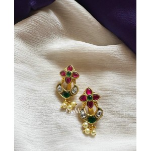 Kundan Jadau Unique Flower  Bugadi style Earrings - Red with Green