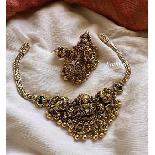 Antique Lakshmi with Double Peacock Intricate Choker - Gold Beads