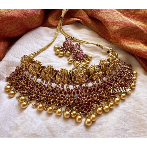 Grand Kemp Mango Lakshmi with Peacock Intricate High Neck Choker