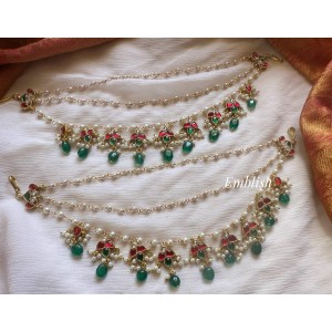 Royal Kundan Jadau Pearl Triple Layer Earchain - Green Beads