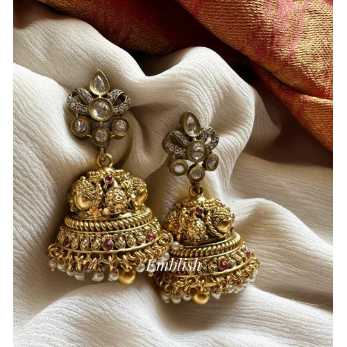 Victorian Flower with Peacock Mango Jhumkha - Gold Beads