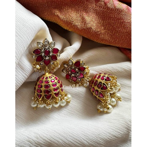 Kundan Jadau Flower Intricate Pearl Drop  Jhumkha