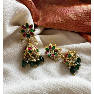 Kundan Jadau Flower Jhumkha - Green Beads