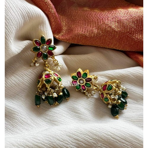 Kundan Jadau Flower Jhumkha - Green Beads