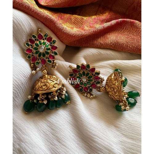 Kundan Jadau Flower Intricate Gheru Polish Jhumkha - Green Beads 