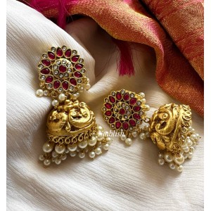 Kundan Jadau Flower Double Peacock Gheru Polish Jhumkha - Pearl Drops