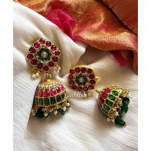 Kundan Jadau Flower intricate Jhumkha - Green Beads