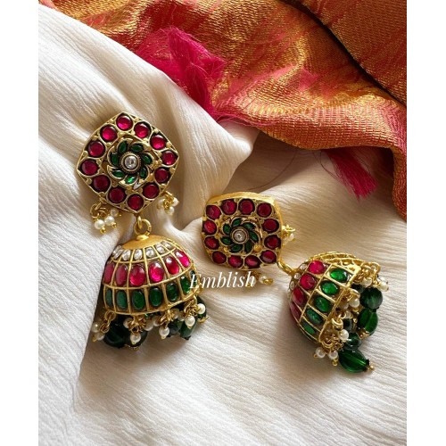 Kundan Jadau Flower intricate Jhumkha - Green Beads