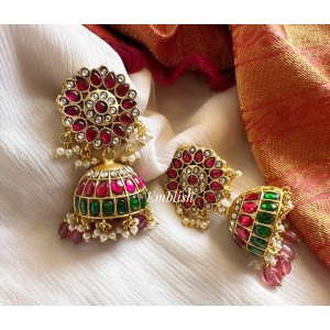 Kundan Jadau Flower Jhumkha - Red Pastel Bead