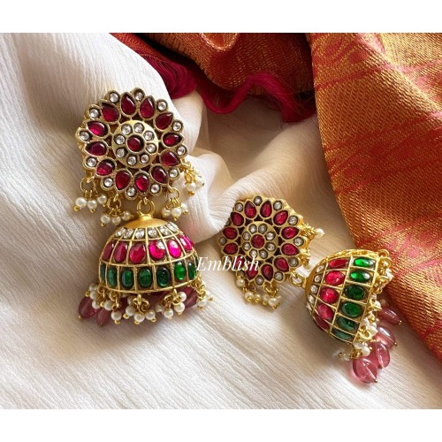 Kundan Jadau Flower Jhumkha - Red Pastel Bead