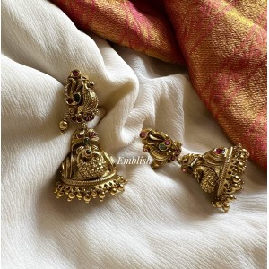 Antique Peacock Jhumka - Gold Beads