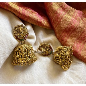 Antique Kemp Ganesha Lakshmi Jhumka - Gold Beads