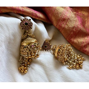 Kemp Flower with Double Peacock Pearl Swril Jhumka - Gold Beads 