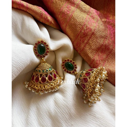 Matte Kemp Flower Pearl Drop Jhumka