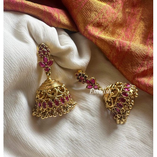 Kemp Flower Intricate Gold Drop Jhumka - Red 