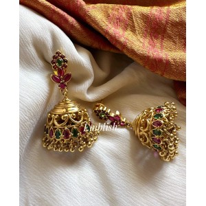 Kemp Flower Intricate Gold Drop Jhumka - Red with Green