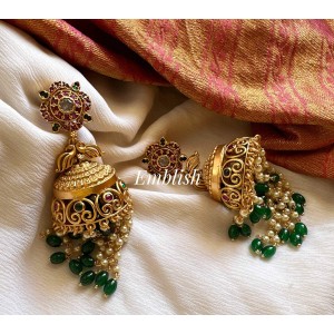 Kemp Flower with Double Peacock Pearl Swril Jhumka - Green Beads 