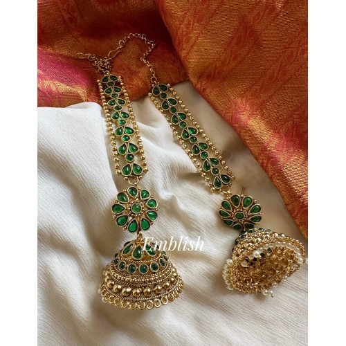 Kemp Flower Big Jhumka with Earchain Set - Green