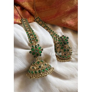 Kemp Flower Intricate Big Jhumkha Earchain Set - Green 