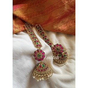 Kemp Flower Big Jhumka with Earchain Set 1 - Pearl Beads