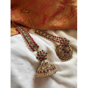 Kemp Flower Intricate Big Jhumka with Earchain Set 1 - Gold Beads