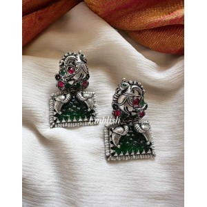 Silver Double Peacock Mosanite Stone Flower Carving Earring - Green