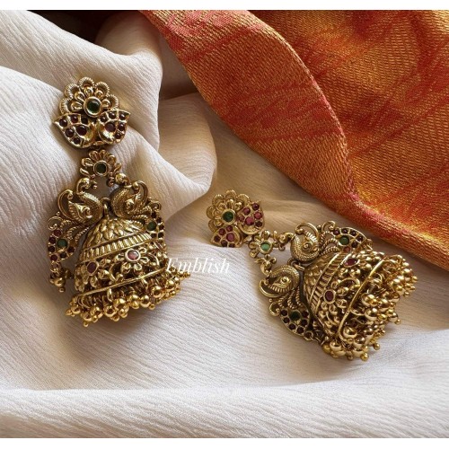 Antique Flower with Double Peacock Jhumkha - Gold Beads