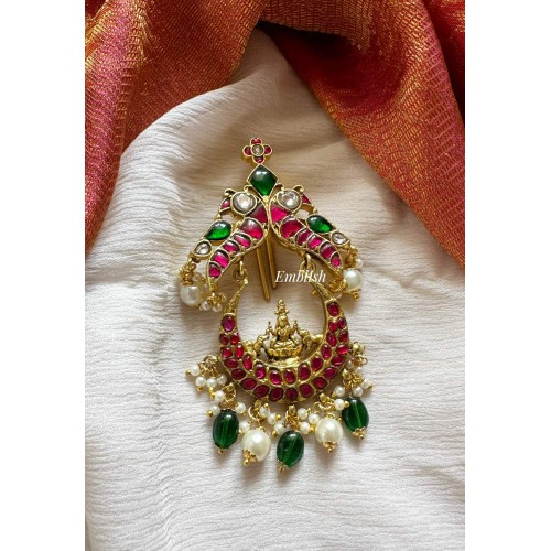 Kundan Jadau Lakshmi  Peacock  Juda Pin Pearl Hair Choti - Green Beads