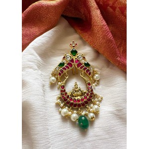  Kundan Jadau Lakshmi Peacock  Juda Pin Pearl Hair Choti -  Single Green Bead