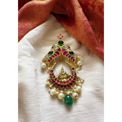  Kundan Jadau Lakshmi Peacock  Juda Pin Pearl Hair Choti -  Single Green Bead