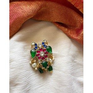 Kundan Jadau Flower Peacock Juda Pin Pearl Hair Choti - Green Beads