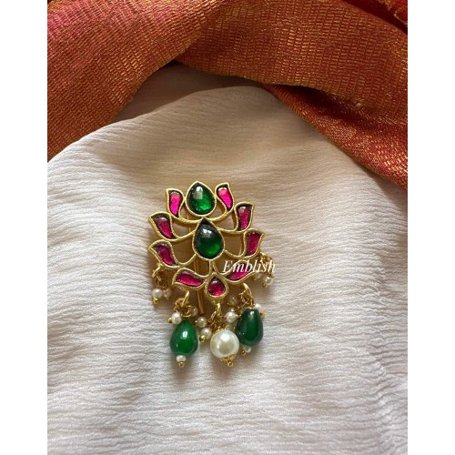 Kundan Jadau Lotus cut work Juda Pin Pearl Hair Choti - Green beads 