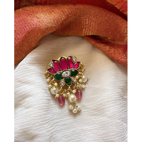 Kundan Jadau  Big Lotus Juda Pin Pearl Hair Choti - Red Beads