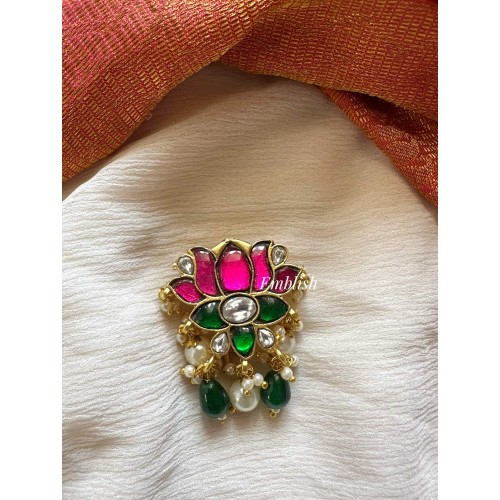 Kundan Jadau Big  Lotus Juda Pin Pearl Hair Choti - Green Beads