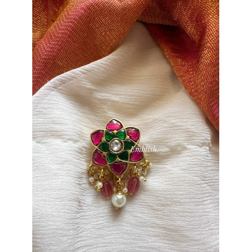 Kundan Jadau Star Flower Juda Pin Pearl Hair Choti - Pastel Red Beads