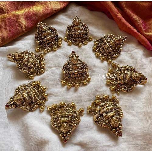 Antique Lakshmi with Double Haathi Peacock Jada Billa - Gold Beads