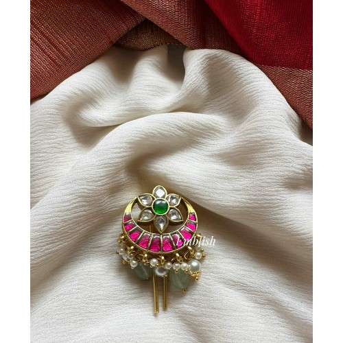 Kundan Jadau Half Moon Flower Juda Pin Pearl Hair Chotti - Pastel Beads