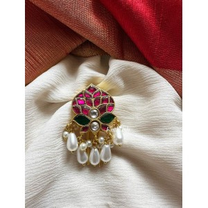 Kundan Jadau Big Flower Juda Pin Pearl Hair Choti - Pearl Drops