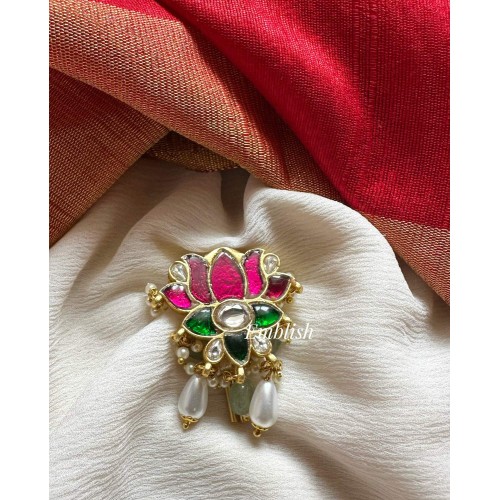 Kundan Jadau Big Lotus Juda Pin Pearl Hair Choti - Pastel Beads