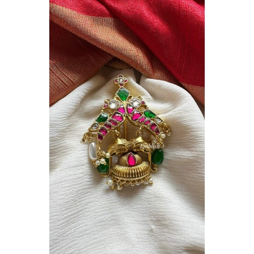 Kundan Jadau Double Haathi Peacock Juda Pin Pearl Hair Choti - Green Beads