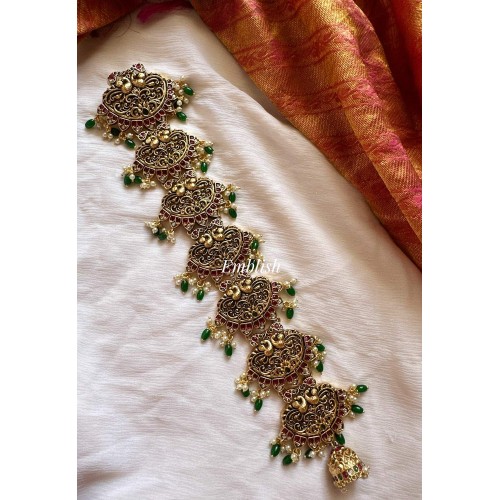 Antique Double Peacock Intricate Kemp Hair Choti - Green Beads