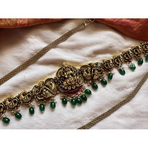 Kundan Jadau Lakshmi Peacock HipChain - Green Beads