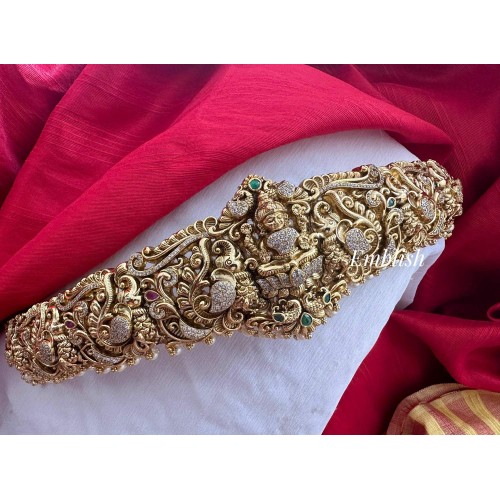 Gold alike Antique AD Lakshmi with Double Haathi Peacock Hipbelt - Pearl Beads