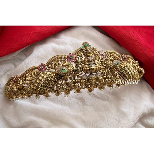 Gold alike AD Lakshmi Beautiful Peacock Flower Hipbelt - Gold Beads