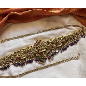 Gold alike Antique Kundan Jadau Lakshmi Mahal Peacock Flower Hipchain - Purple Beads